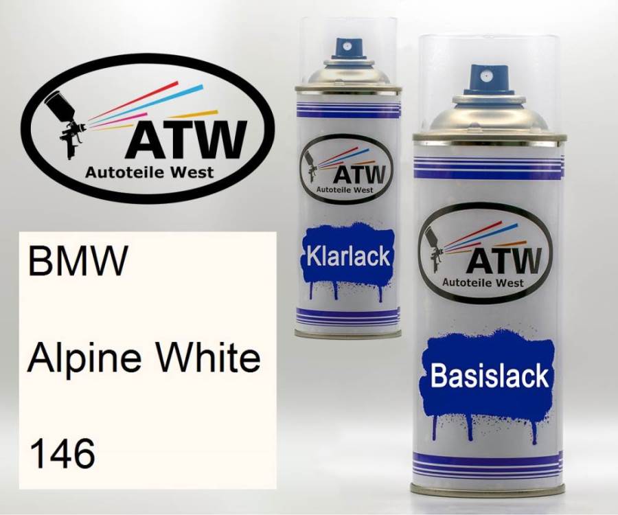 BMW, Alpine White, 146: 400ml Sprühdose + 400ml Klarlack - Set, von ATW Autoteile West.